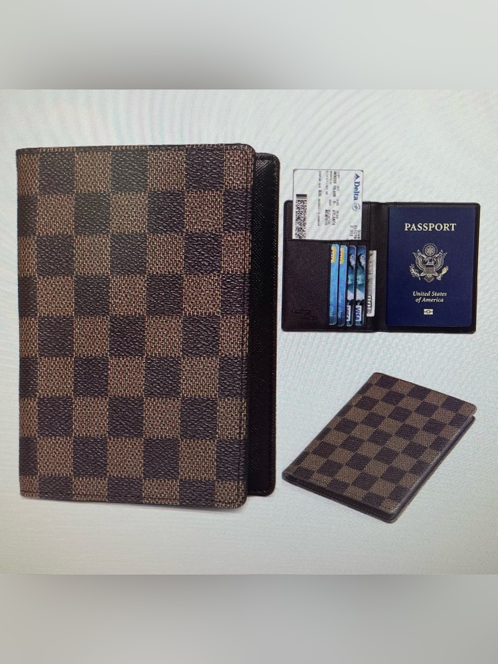 Brown Checkered Passprt Card Holder